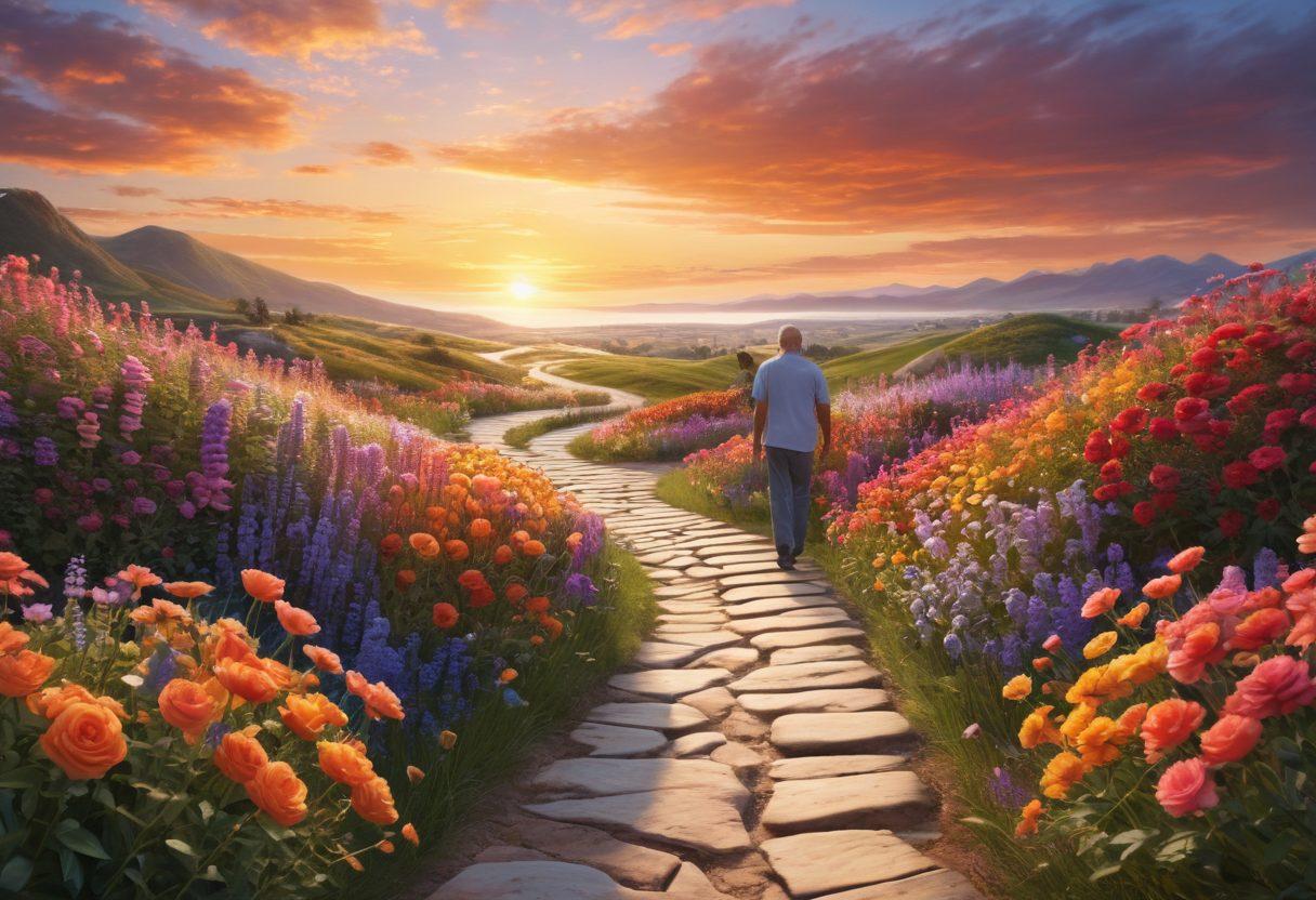 A serene landscape featuring a winding path symbolizing hope, lined with vibrant flowers representing resilience. In the foreground, a diverse group of individuals, including cancer survivors and supporters, share supportive gestures, like holding hands or embracing. The backdrop includes a sunset casting warm, uplifting colors, signifying a journey towards healing. Super-realistic. Vibrant colors. 3D.